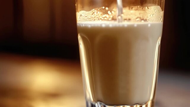 A glass of milk sits atop a wooden table, ready for use