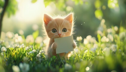 Adorable kitten holding blank paper while sitting on green grass in sunny meadow, cute animal concept symbolizing innocence, childhood, playfulness and nature love