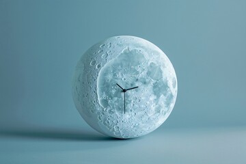 Creative clock designed as realistic full moon face on blue background, surreal artwork concept symbolizing time, night, astronomy, mystery, imagination and lifestyle