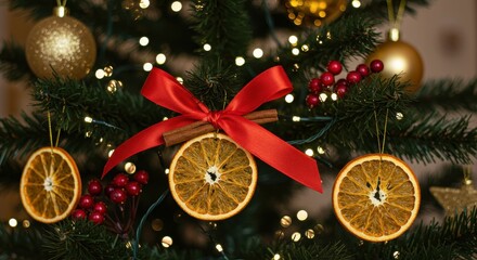 Christmas Tree with Dried Orange Ornament and Red Ribbon