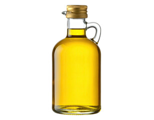 A clear glass bottle filled with golden liquid against a black background