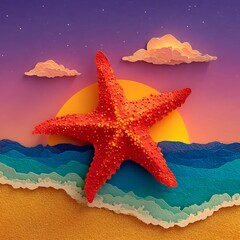 Red starfish illustration on sandy beach with ocean waves and sunset sky in colorful layered paper design. Nature concept
