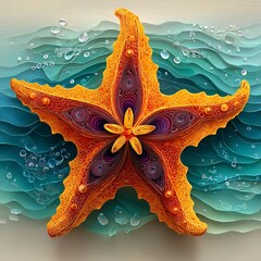 Orange starfish illustration with detailed paper layered texture placed on blue ocean water background in creative decorative design. Nature concept
