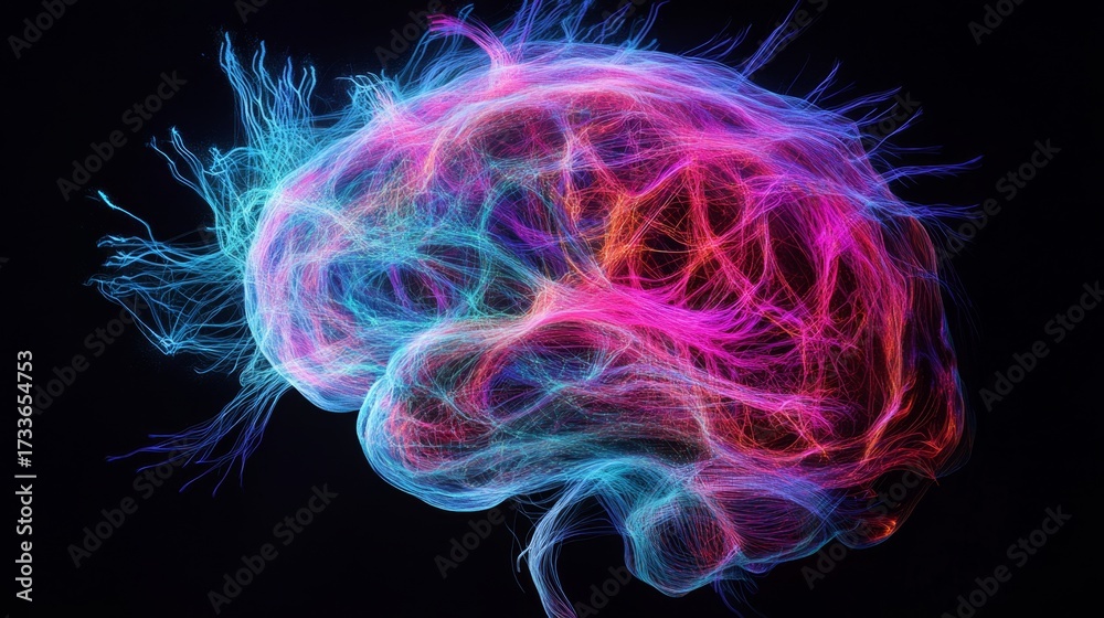 Wall mural this vibrant image showcases a stylized brain illuminated by colorful light. the intricate patterns 