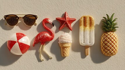 Collection of summer icons including flamingo, sunglasses, pineapple, popsicle, ice cream, beach ball, and starfish in playful decorative design. Travel concept
