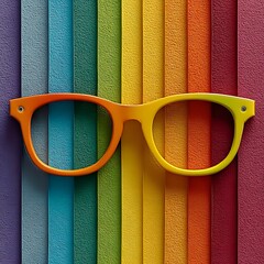 Bright rainbow striped background with yellow orange sunglasses frame in colorful abstract artistic composition. Abstract concept
