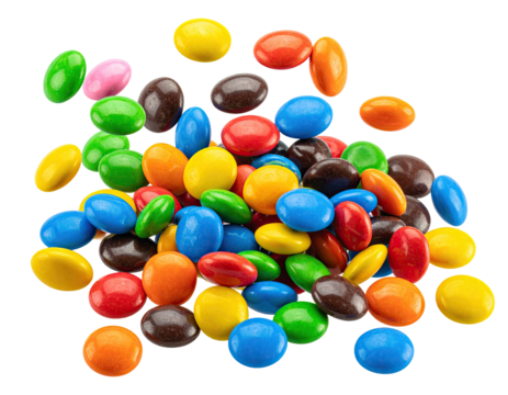 Heap of vibrantly colored, button-shaped candies, assorted in various shades
