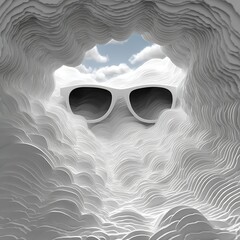 Sunglasses silhouette appearing in layered white paper landscape with clouds and bright sky visible through cutout. Abstract concept
