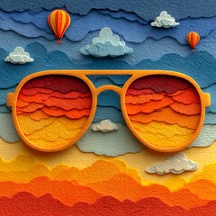 Creative sunglasses design featuring layered orange sunset sky pattern with clouds and hot air balloons in abstract artistic composition. Abstract concept
