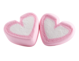 Two heart-shaped marshmallows, pink edges, white centers, on black background