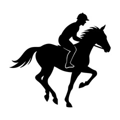 Silhouette of a jockey riding a horse at full gallop in a black and white image