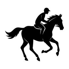 Silhouette of a horse and rider galloping across a white background design art