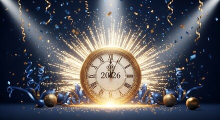 Countdown to 2026 New Year with golden clock, fireworks, confetti