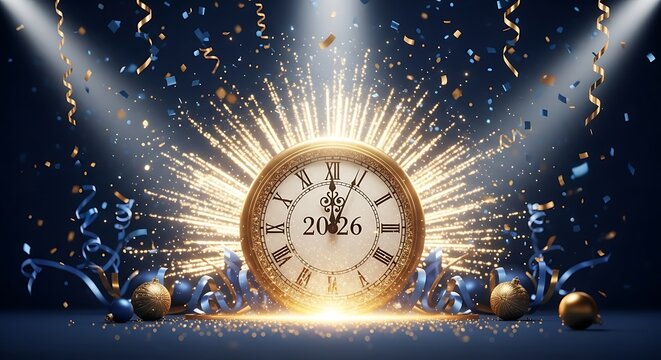 Countdown to 2026 New Year with golden clock, fireworks, confetti