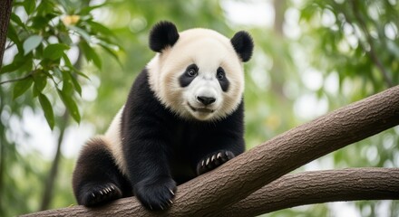 Obraz premium Giant panda bear sitting on wooden branches in lush green forest. The adorable black and white bear displays its characteristic markings while perched among tree limbs.