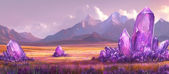 Crystal clusters in field, mountains, and ethereal sky