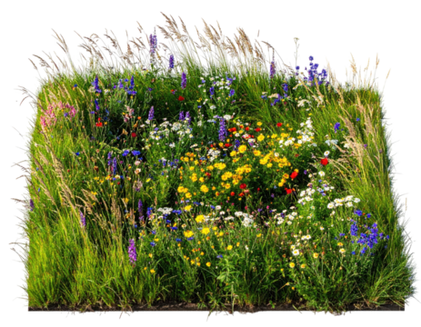 Rectangular patch of diverse wildflowers, tall grass, and feathery plumes