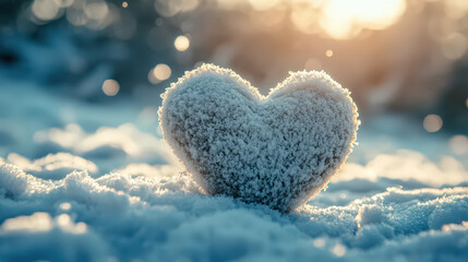 Fototapeta premium soft fluffy white heart on fresh snow symbol of love + romance in beautiful cold winter wonderland scene with warm magical background glow and soft bokeh light.