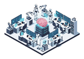 Isometric illustration of artificial intelligence research with scientists, robots, and a digital brain, symbolizing AI development, machine learning, robotics, neural networks, and technology