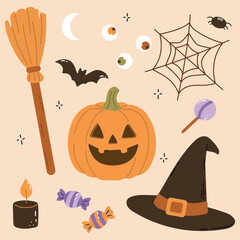 Vector illustration set of Halloween elements including pumpkin lantern, witch hat, broomstick, bat, spider web, candies, eyeballs, candle, and moon. Perfect for holiday design, invitations