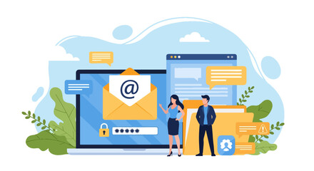 Flat illustration of email security with people, laptop, envelope, lock, and password, symbolizing data protection, safe communication, online privacy, and cybersecurity in business and personal use
