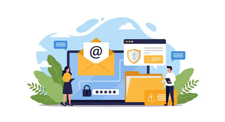Flat illustration of email security with people, laptop, envelope, lock, and password, symbolizing data protection, safe communication, online privacy, and cybersecurity in business and personal use