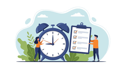 Flat illustration of time management with a large clock, checklist, and people organizing tasks, symbolizing productivity, planning, efficiency, and effective work-life balance strategies