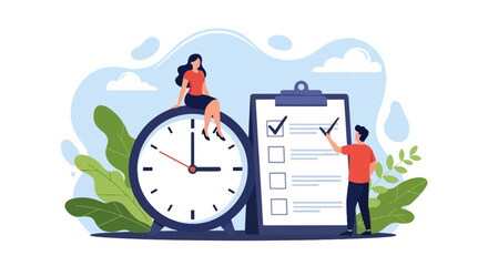 Flat illustration of time management with a large clock, checklist, and people organizing tasks, symbolizing productivity, planning, efficiency, and effective work-life balance strategies