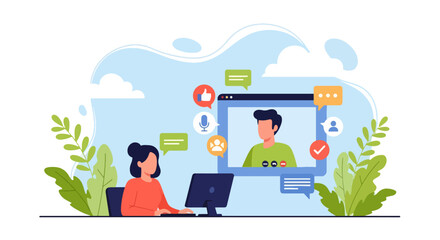 Flat style illustration of two people in an online video chat, symbolizing remote communication, teamwork, feedback, digital collaboration, and virtual meetings in modern work and education