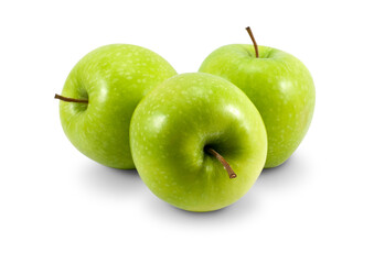 Three green apples isolated on transparent background, close up