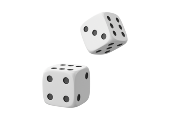 Two dice isolated on transparent background, close up shot