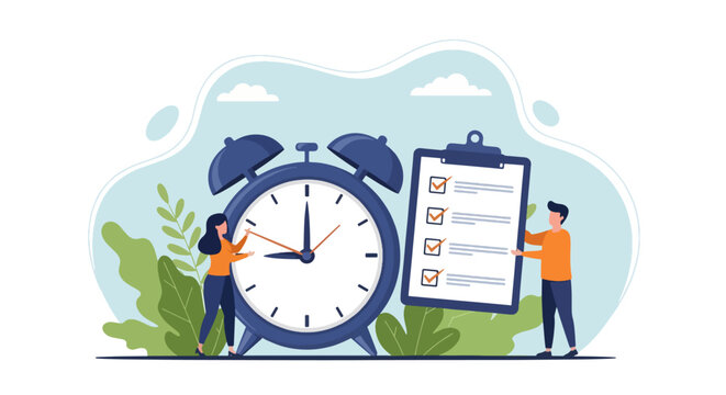 Flat illustration of time management with a large clock, checklist, and people organizing tasks, symbolizing productivity, planning, efficiency, and effective work-life balance strategies