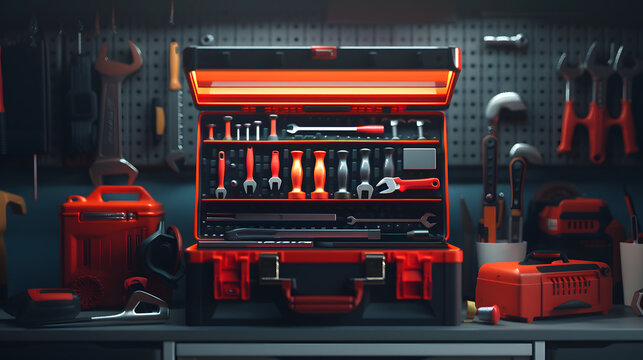 Modern toolbox with many tools inside. The tools include a wrench, hammer, screwdriver, and pliers