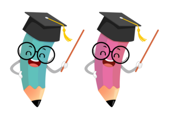 Two cartoon pencils wearing graduation caps isolated on transparent background