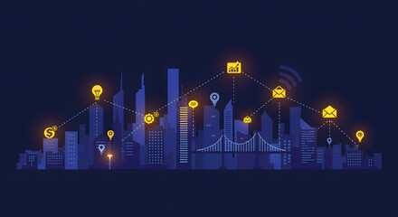 Fototapeta premium Digital skyline illustration depicting smart city technology with connected icons over urban landscape