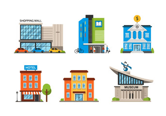 set of Flat style illustration of various urban buildings including shopping mall, apartment, bank, hotel, office, and museum, representing city infrastructure, business, tourism, and public services