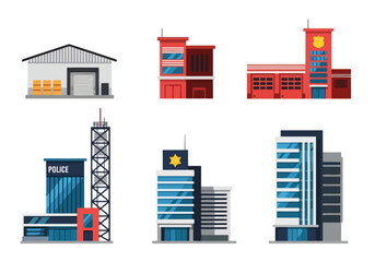 Obraz premium set of Flat style illustration of different public and commercial buildings including offices, warehouse, fire station, police station, and emergency services, representing city infrastructure