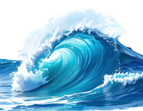 A large, turquoise wave curls, showcasing its foamy crest and transparent body