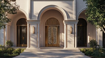 Elegant Mansion Entrance: Architectural Design and Golden Doors