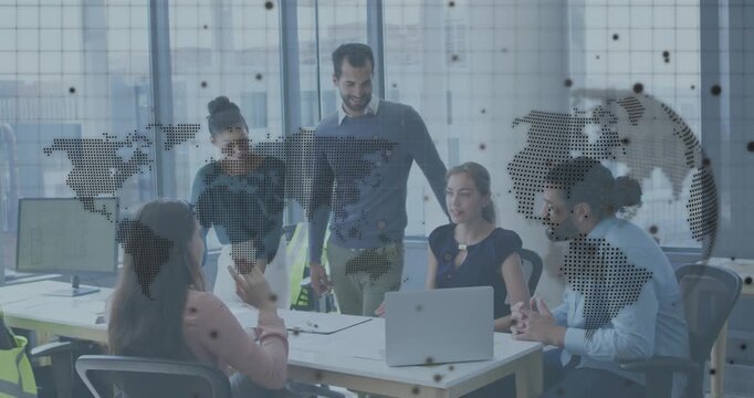 Office team swiping phone revealing report charts and typing insights during meeting