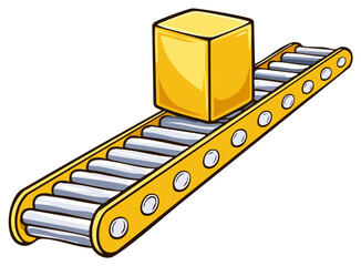 Yellow box on a conveyor belt, cartoon illustration