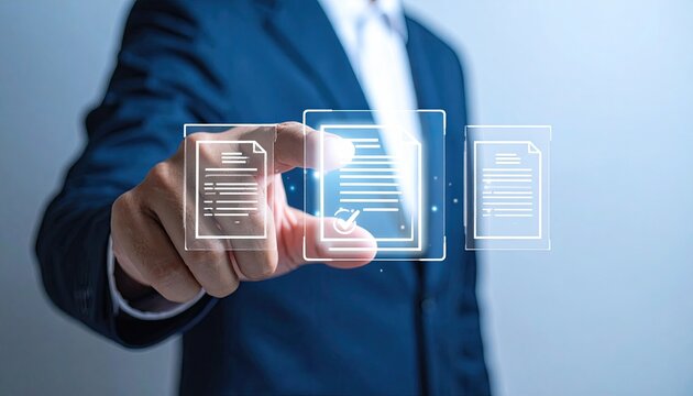 A person in suit interacts with digital documents