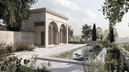 Obraz premium Serene Pavilion Garden: Architectural Oasis