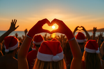 Cheering crowd of people at Christmas beach sunset party – young friends celebrate New Year