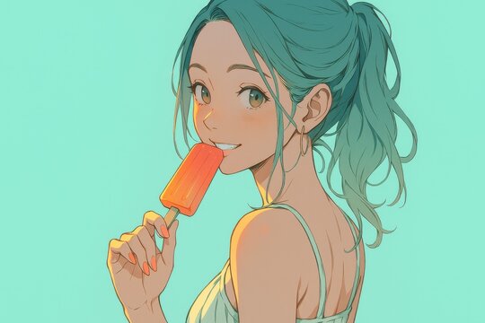 Anime style illustration of young woman with teal hair eating an orange popsicle