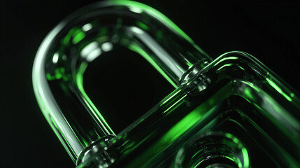 a glass lock floating in the air, neon green lighting. futuristic digital finance aesthetic