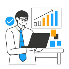 Confident businessman analyzing growth charts on laptop, celebrating successful business strategy with digital data visualization and positive progress indicators.