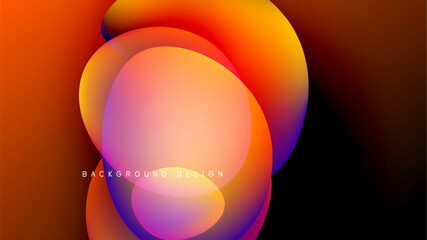 Abstract fluid shapes blend, creating vibrant orange, purple gradients. Dark background emphasizes colorful design elements. Modern aesthetic.