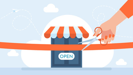 Woman's hand with scissors cutting red ribbon. Cut red ribbon ceremony at new store concept, man hold scissors. Opening ceremonial big red ribbon cutting scissors in hands. Flat illustration