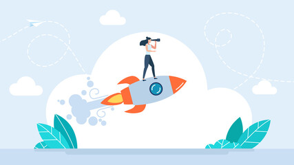 A businesswoman with a telescope is flying on a rocket. Woman entrepreneur, startup business or success сompany, professional management or female manager concept. Confidence girl. Flat illustration